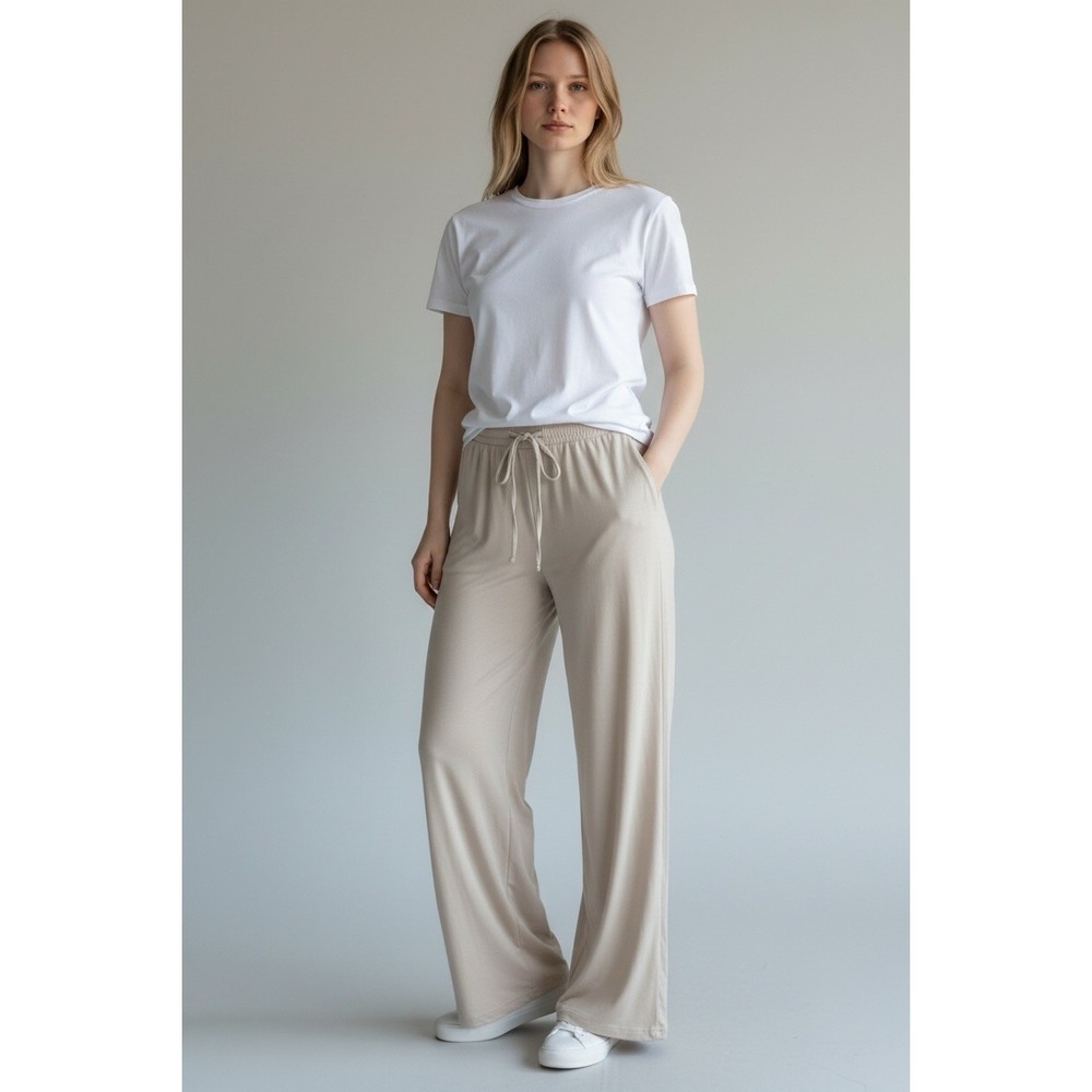 Dibaolong Women M Beige Wide Leg Lounge Pants Drawstring Stretch NWT Pockets